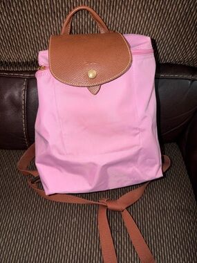 Longchamp Le Pliage Sac A Dos Modele Depose Pink Nylon Backpack Brown Leather